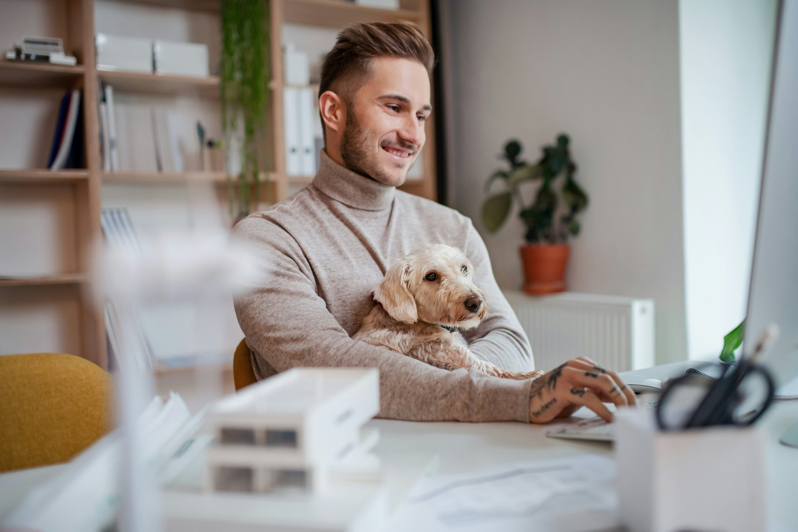 Young man working with his small dog sitting on his lap.
